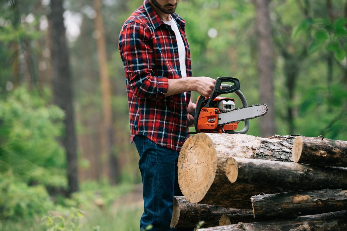 cropped view of lumberjack cutting round timbers with chainsaw in forest