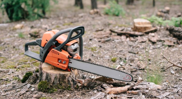 electric, sharp orange chainsaw on wood stump in forest